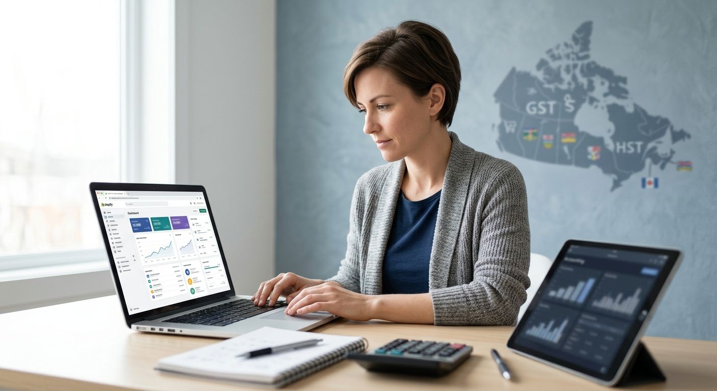 Professional photograph of a Canadian e-commerce business owner working on Shopify accounting at a clean desk with bookkeeping tools, Canada map in background.