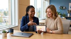 A small business owner and a bookkeeper reviewing financial dashboards on a tablet in a bright modern office with natural light.