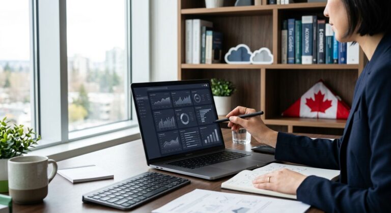 Professional desk setup with Shopify dashboard and accounting software overlays, Canadian flag, financial documents on clean modern desk, bookshelf in background