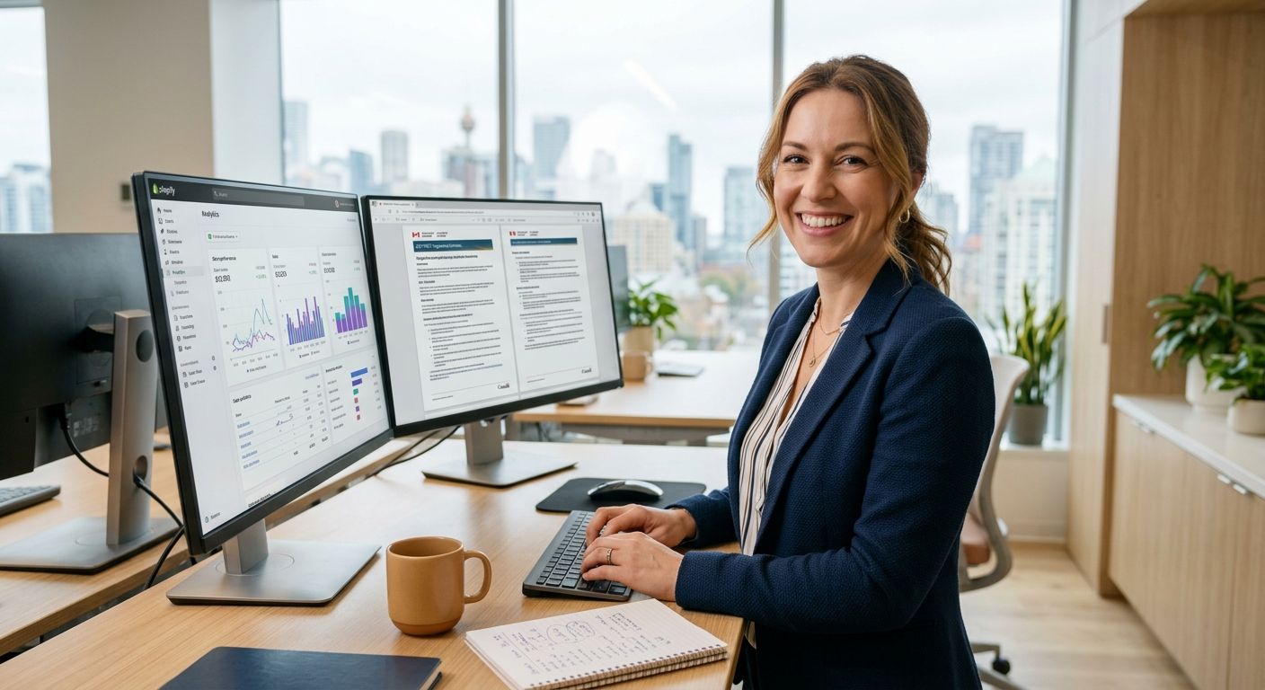 Professional photograph of a smiling female bookkeeper in a Canadian office with computer screens showing Shopify analytics and tax reference materials.
