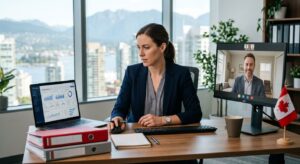Photograph of a CPA reviewing financial dashboards on a laptop while a client appears on a second monitor, Canadian flag and accounting binders in a bright Vancouver office with natural light.