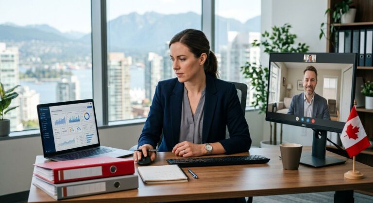 Photograph of a CPA reviewing financial dashboards on a laptop while a client appears on a second monitor, Canadian flag and accounting binders in a bright Vancouver office with natural light.