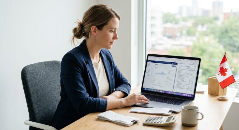 Canadian ecommerce entrepreneur at a desk reviewing a laptop with a Shopify dashboard and financial documents, featuring a calculator, receipts, and a Canadian flag in a sunlit home office.