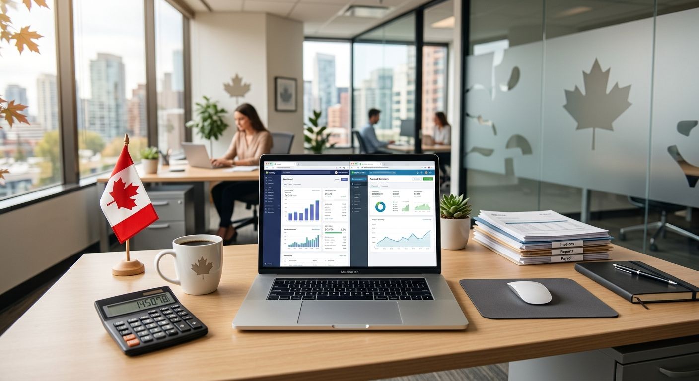 Bright office desk with laptop showing Shopify and cloud accounting dashboards, calculator, coffee, financial documents, Canadian flag, and cityscape background representing outsourced ecommerce bookkeeping services.