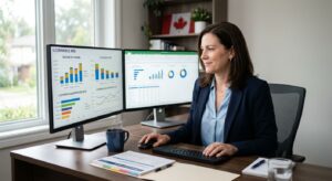 Fractional CFO consultant analyzing ecommerce financial dashboards on dual monitors with Canadian flag in background