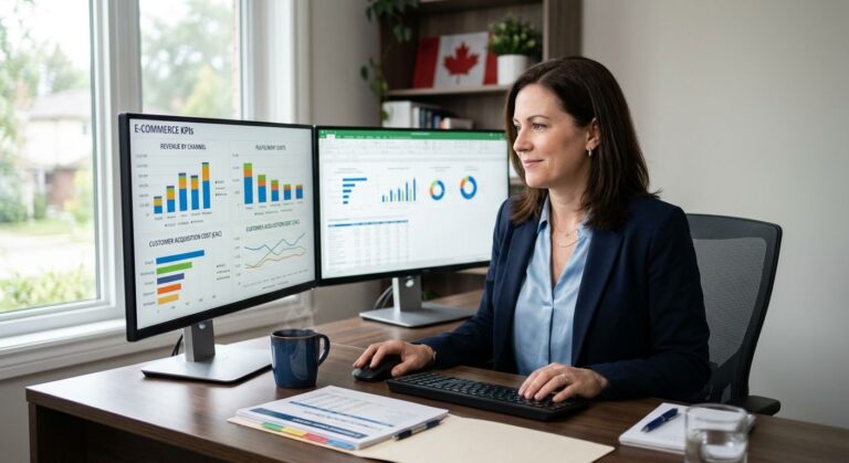 Fractional CFO consultant analyzing ecommerce financial dashboards on dual monitors with Canadian flag in background