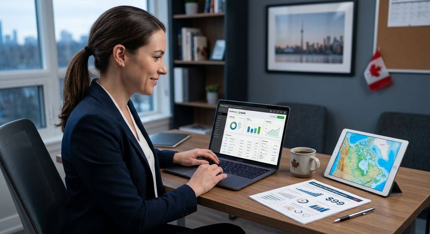A modern bookkeeping workspace with accountant at laptop reviewing financial software integration in Canada