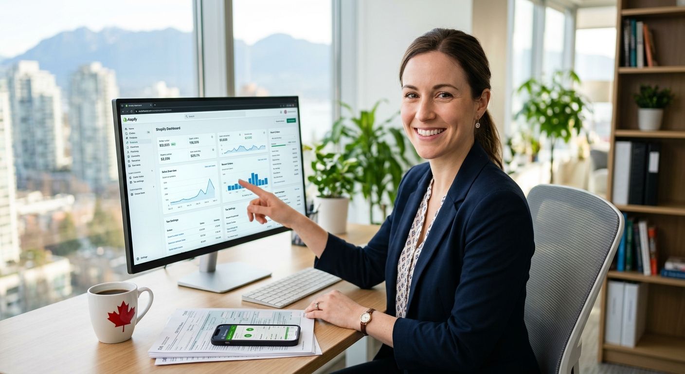 Professional e-commerce accountant at desk with dashboard monitor, Vancouver office