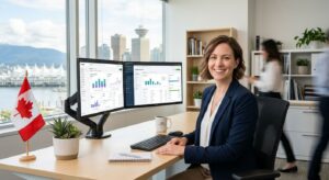Professional accountant at desk with dual monitors in a modern Vancouver office with Canadian flag and cityscape view