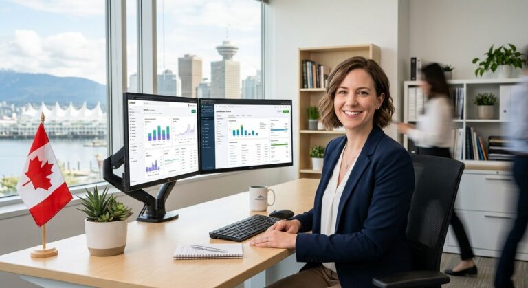 Professional accountant at desk with dual monitors in a modern Vancouver office with Canadian flag and cityscape view