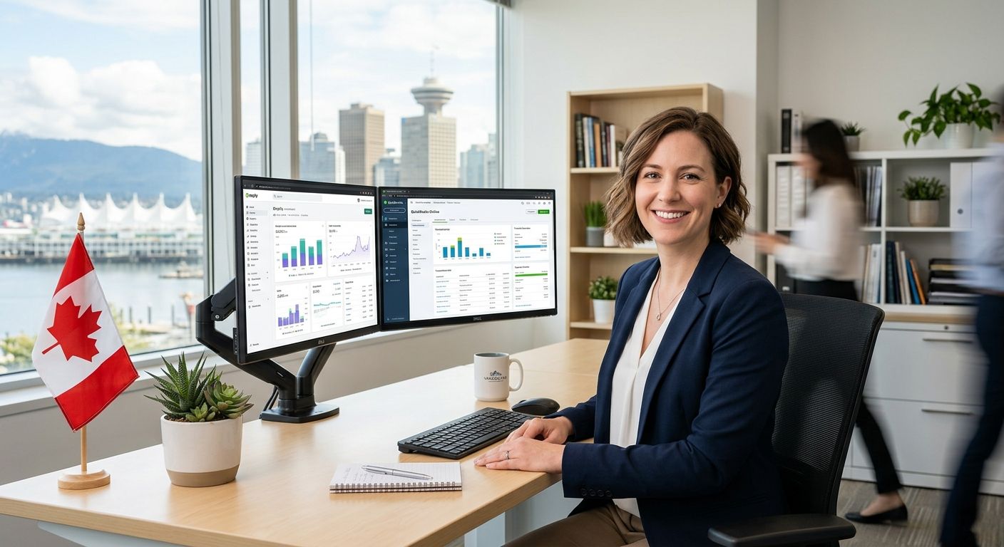 Professional accountant at desk with dual monitors in a modern Vancouver office with Canadian flag and cityscape view