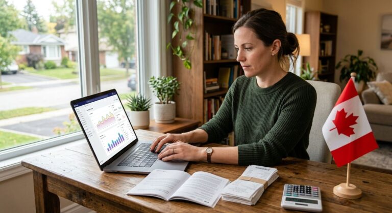 Canadian e-commerce entrepreneur managing Shopify bookkeeping at a wooden desk with receipts and Canadian flag