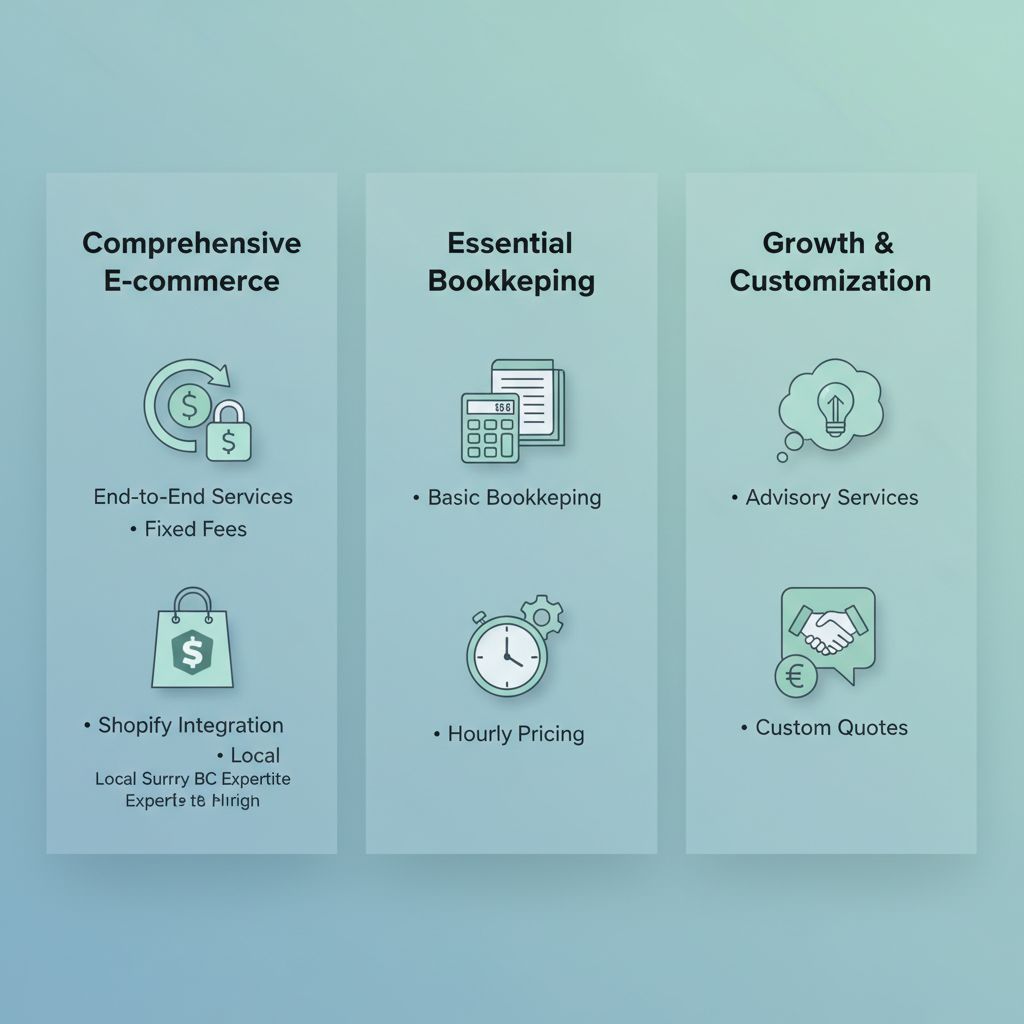 Infographic comparing ecommerce bookkeeping providers in Surrey: end-to-end services with fixed fees, basic bookkeeping with hourly rates, and advisory with custom quotes.