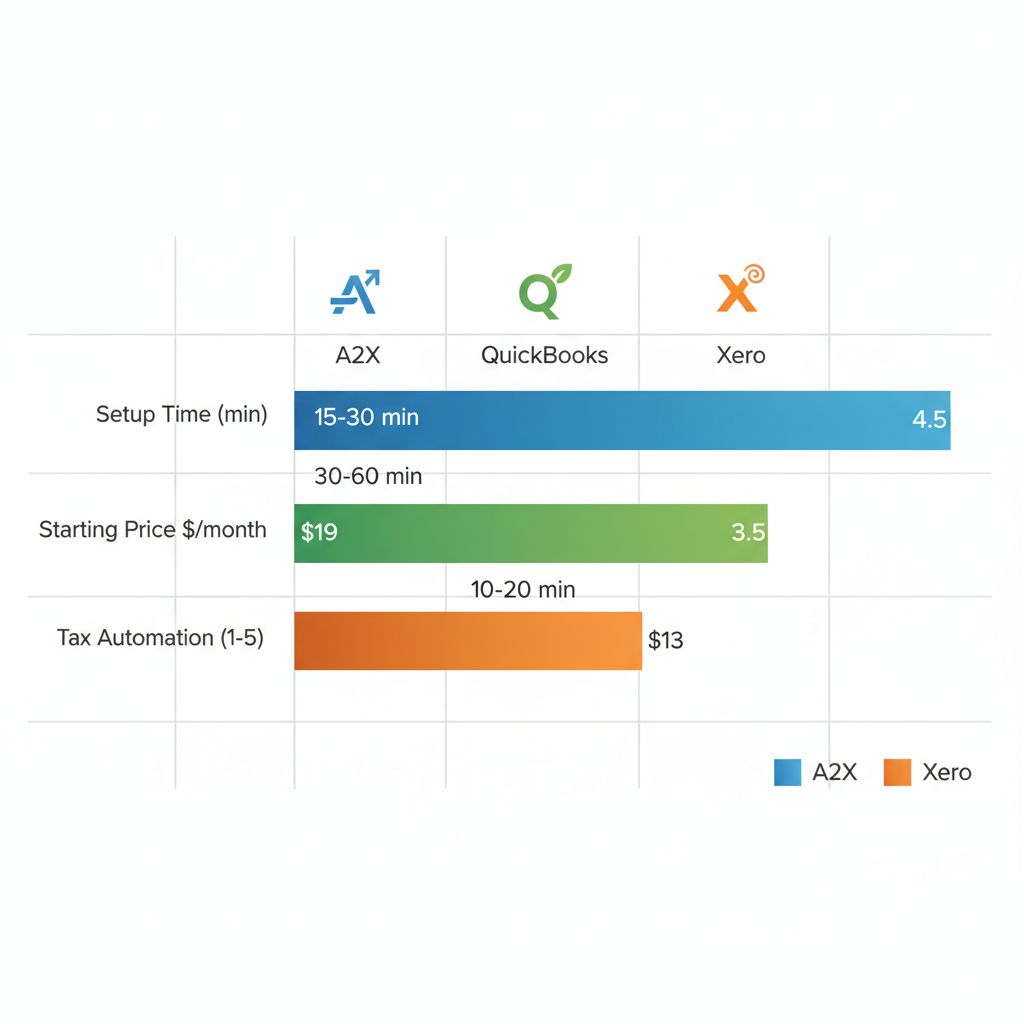 Horizontal bar chart comparing Shopify accounting tools A2X, QuickBooks Online, and Xero by setup time, starting price, and tax automation rating.