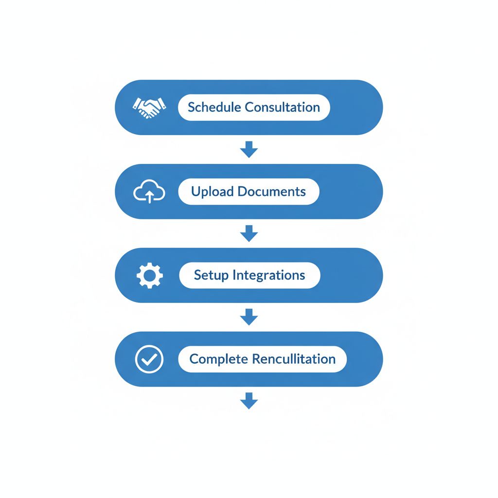 Vertical process flow diagram illustrating the four stages of starting ecommerce bookkeeping with Transcounts in Vancouver
