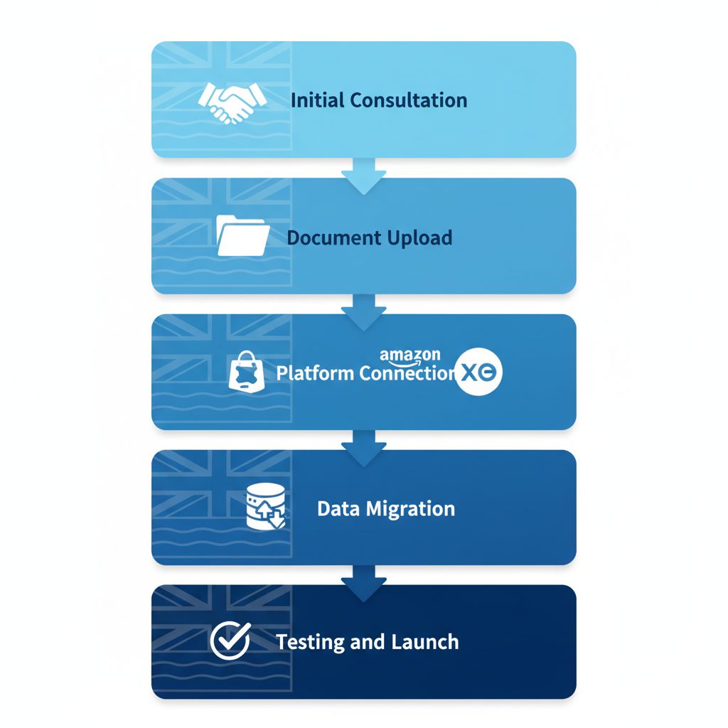 Vertical process flow diagram illustrating the five stages of ecommerce bookkeeping onboarding and integration for Richmond businesses