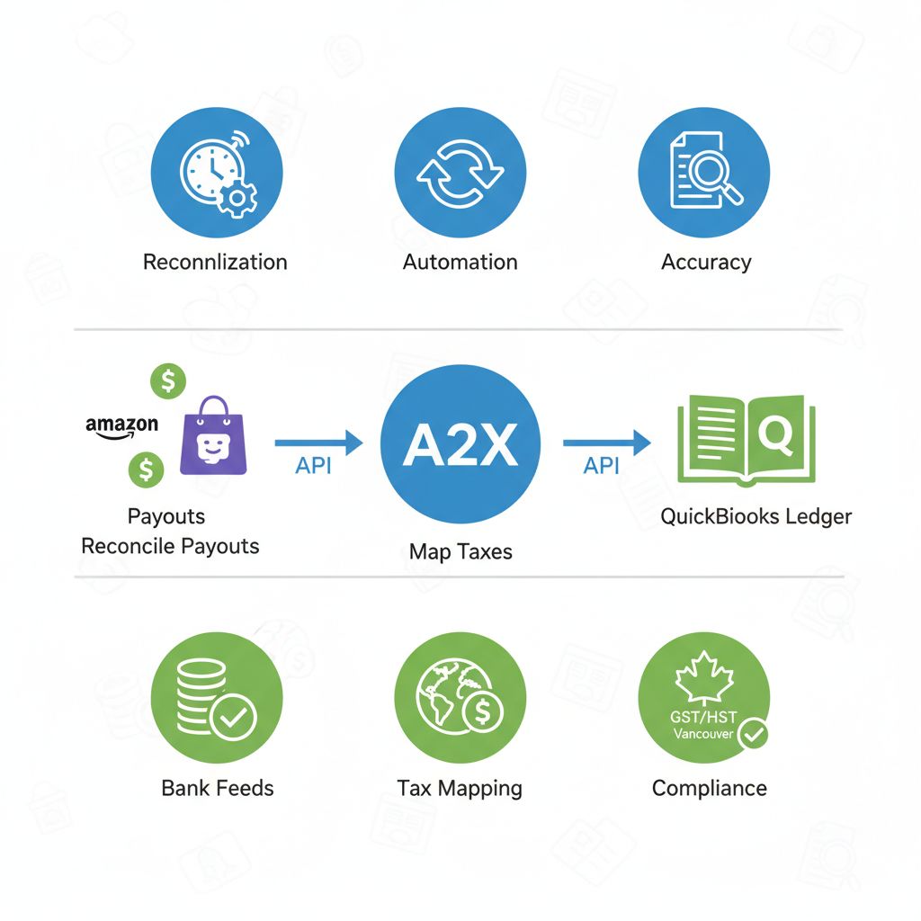 Infographic illustrating A2X integration with QuickBooks for automated e-commerce accounting.
