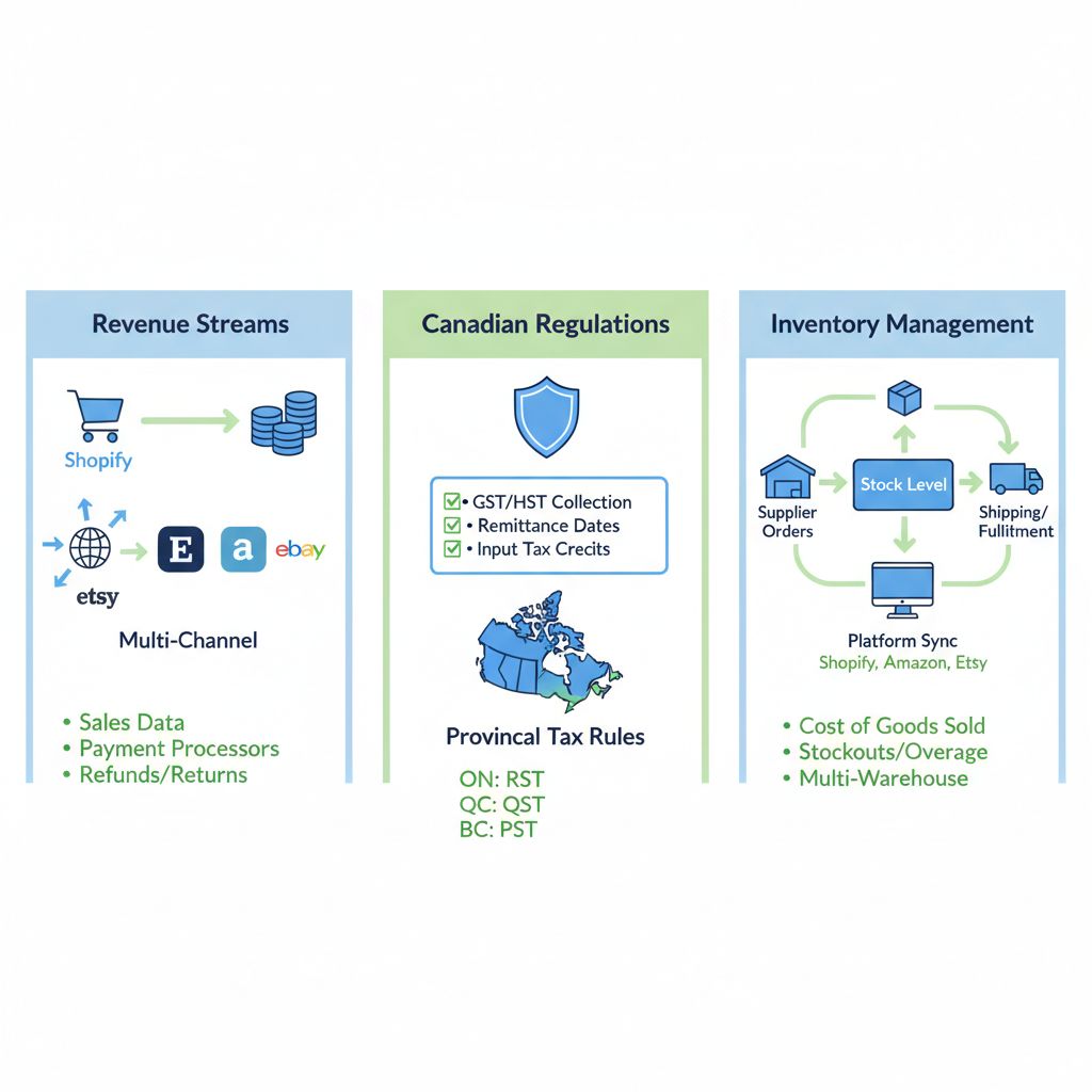 Infographic overview of ecommerce accounting fundamentals including transaction tracking, tax compliance, and inventory management