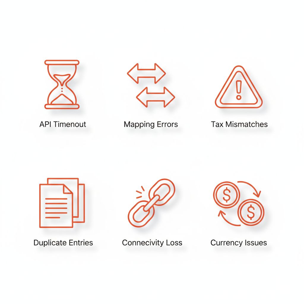 Grid of six icons depicting common A2X and Xero synchronization issues: API timeout, mapping errors, tax code mismatches, duplicate entries, connectivity failures, and currency conversion problems for Canadian e-commerce sellers.