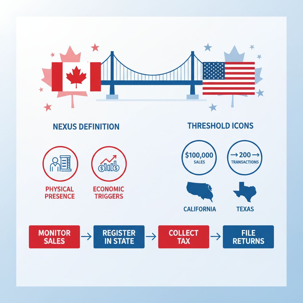 Infographic depicting US sales tax nexus guide for Canadian Shopify sellers, including definitions, thresholds, and filing steps