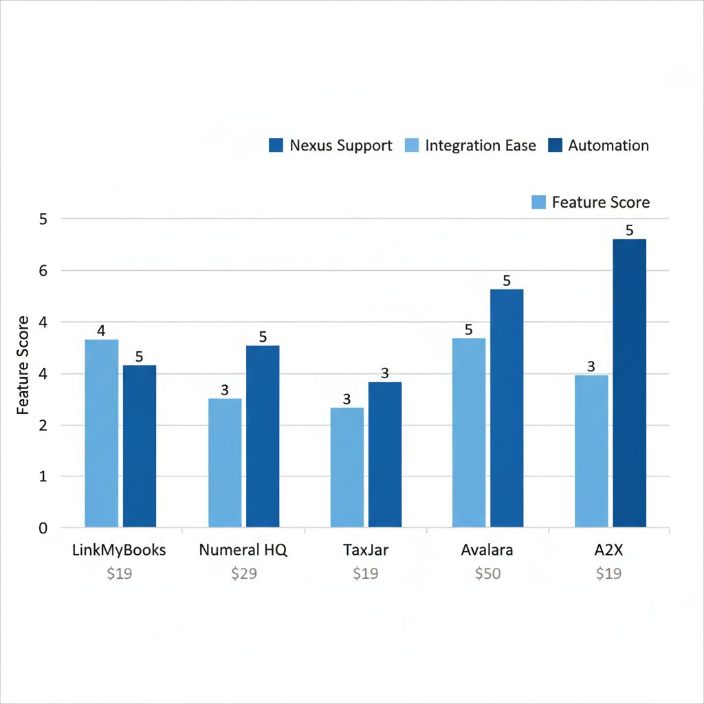 Clustered column chart comparing features and pricing of top US sales tax tools for Canadian Shopify sellers