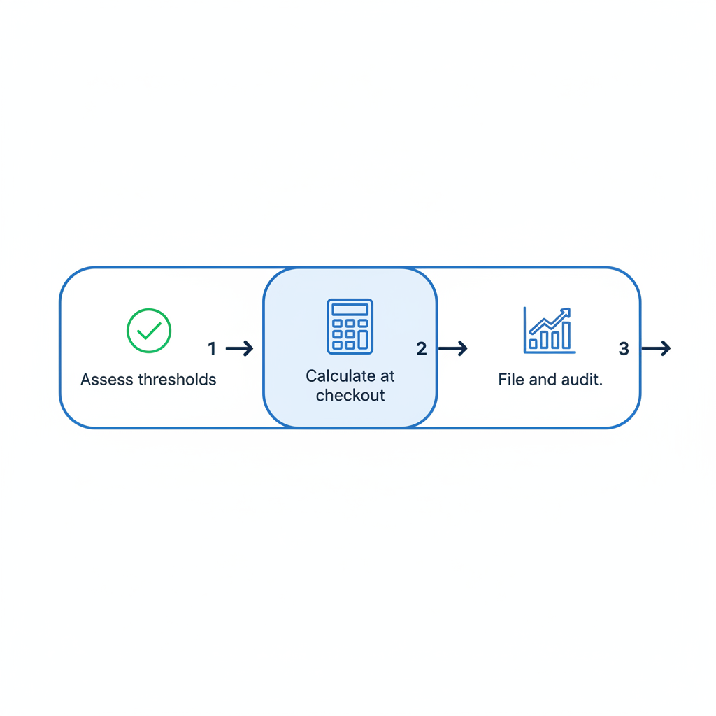 Horizontal process flow diagram showing three stages of cross-border sales tax compliance: assessing thresholds, calculating at checkout, and filing with audits.