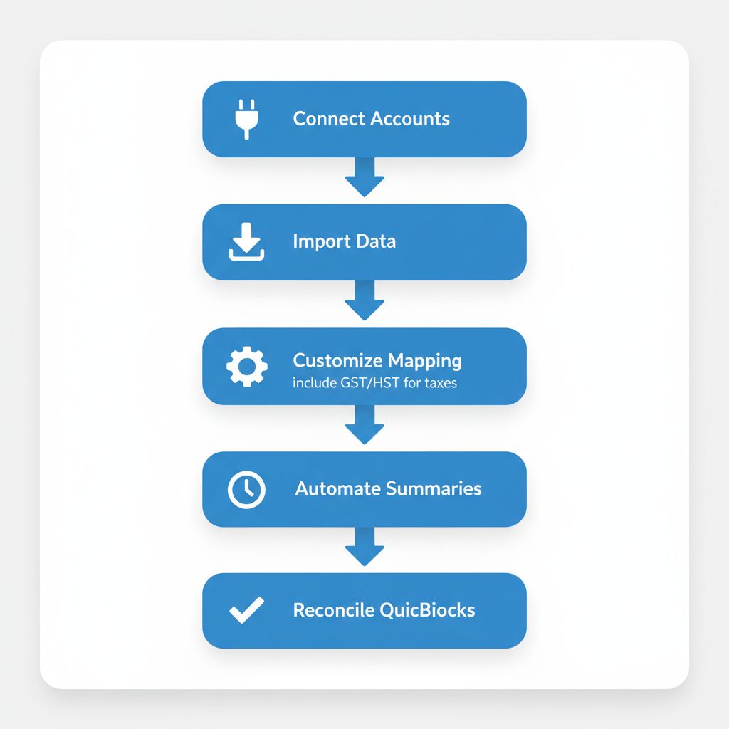 Vertical process flow diagram illustrating the five-step A2X setup for integrating Shopify with QuickBooks, including account connection, data import, mapping customization with GST/HST compliance, automation, and reconciliation.