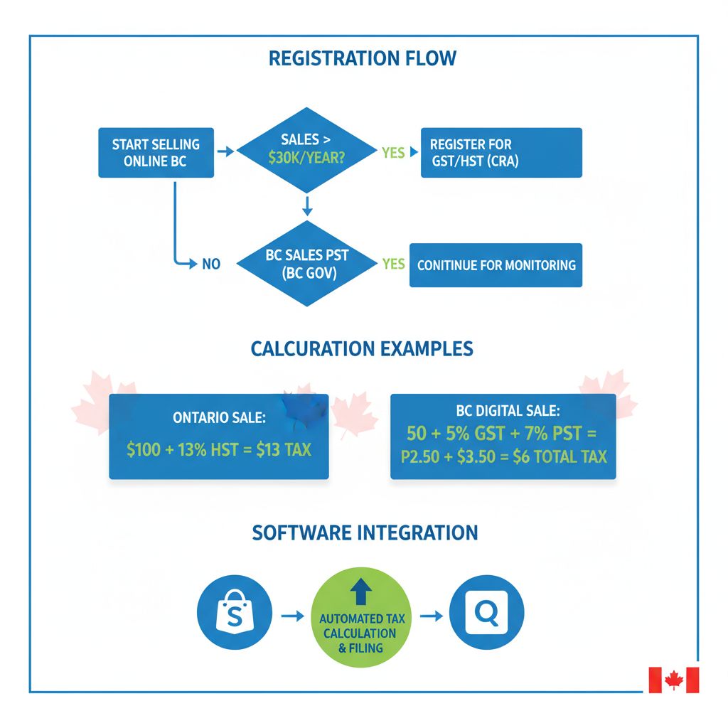 Infographic showing step-by-step GST/HST and PST registration and calculation process for BC ecommerce sellers
