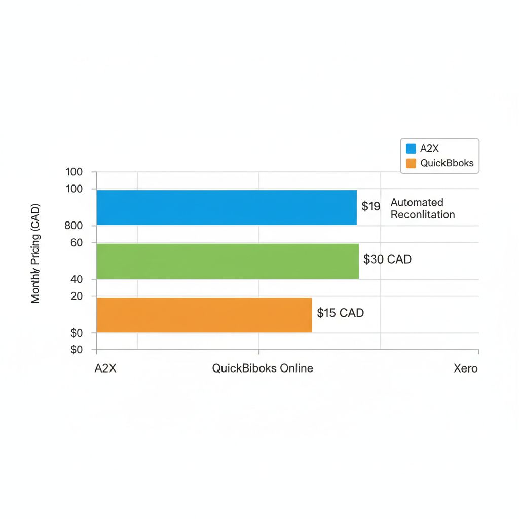 Horizontal bar chart comparing starting prices of A2X, QuickBooks, and Xero e-commerce accounting tools in CAD.