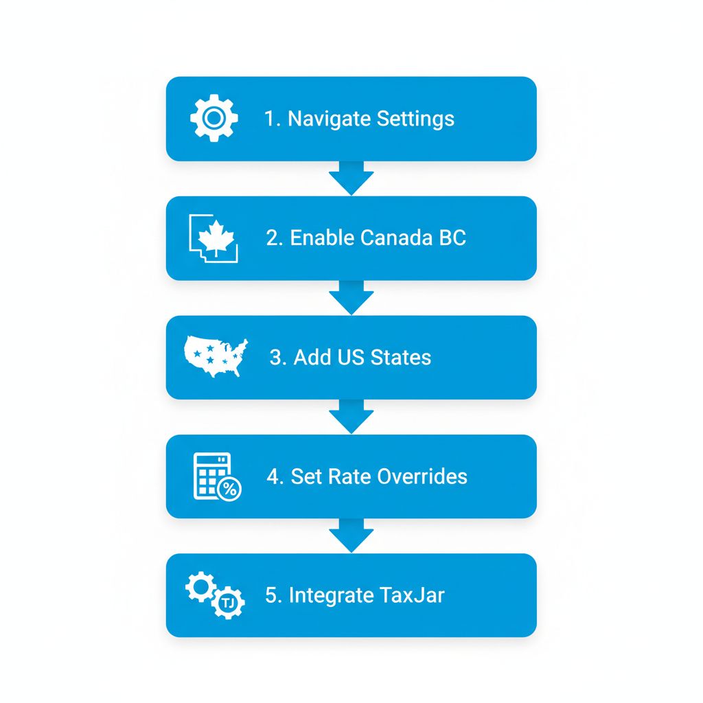Vertical process flow diagram illustrating five key steps to configure tax calculations in Shopify admin for Canadian sellers