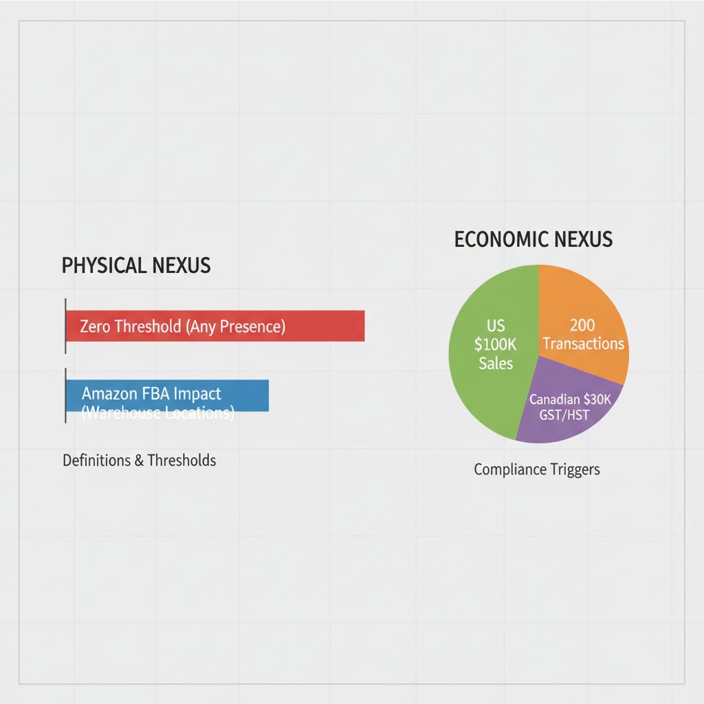 Comparison chart illustrating physical and economic sales tax nexus thresholds for Amazon sellers in Vancouver.