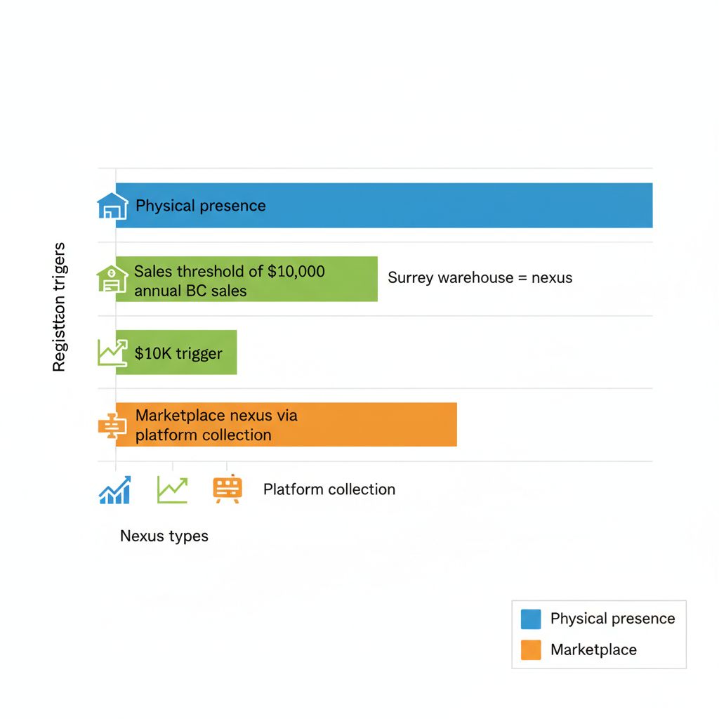 Bar chart showing BC PST registration triggers for ecommerce: physical presence, $10,000 sales threshold, and marketplace nexus with icons and minimal labels