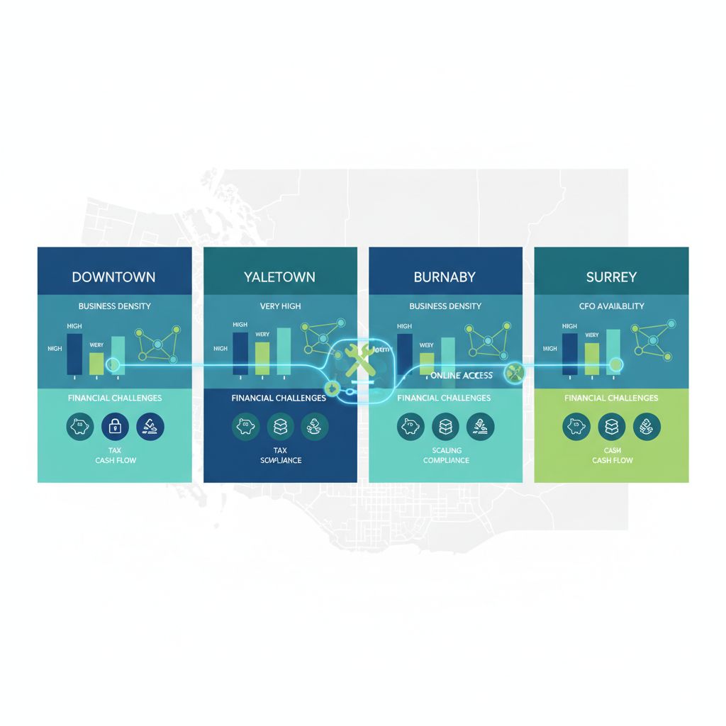 Infographic illustrating Vancouver's ecommerce hubs, business density, financial challenges, and CFO services in Downtown, Yaletown, Burnaby, and Surrey.