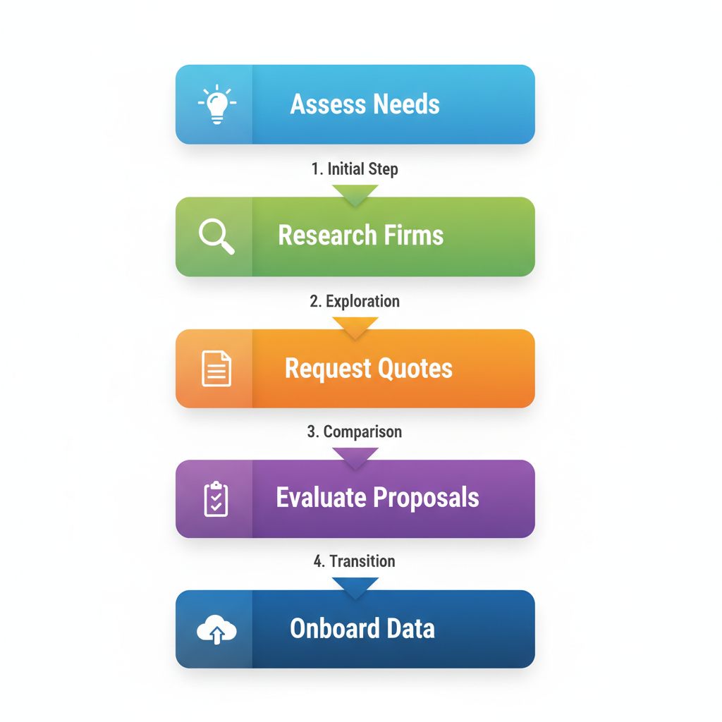 Vertical process flow diagram illustrating five steps to engage a fractional CFO for ecommerce in Vancouver
