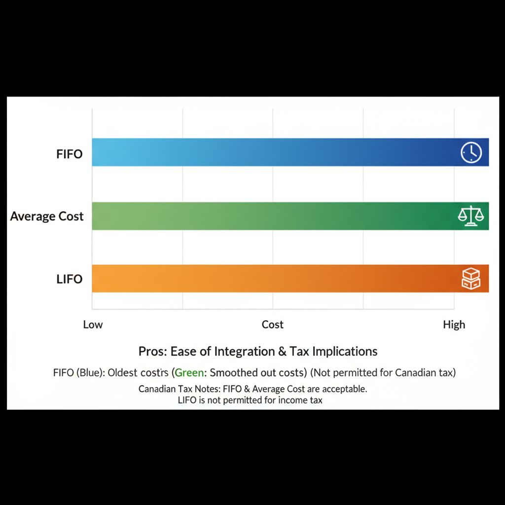 Horizontal bar chart comparing FIFO, LIFO, and Average Cost inventory methods for Vancouver e-commerce stores, showing pros on ease of integration and tax implications with icons and color-coded bars.