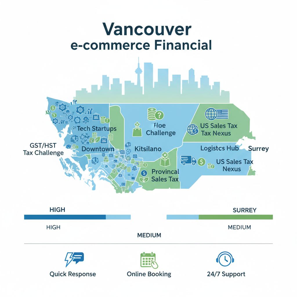 Infographic map illustrating e-commerce financial landscape in Vancouver neighborhoods including density, tax challenges, and accessibility features.