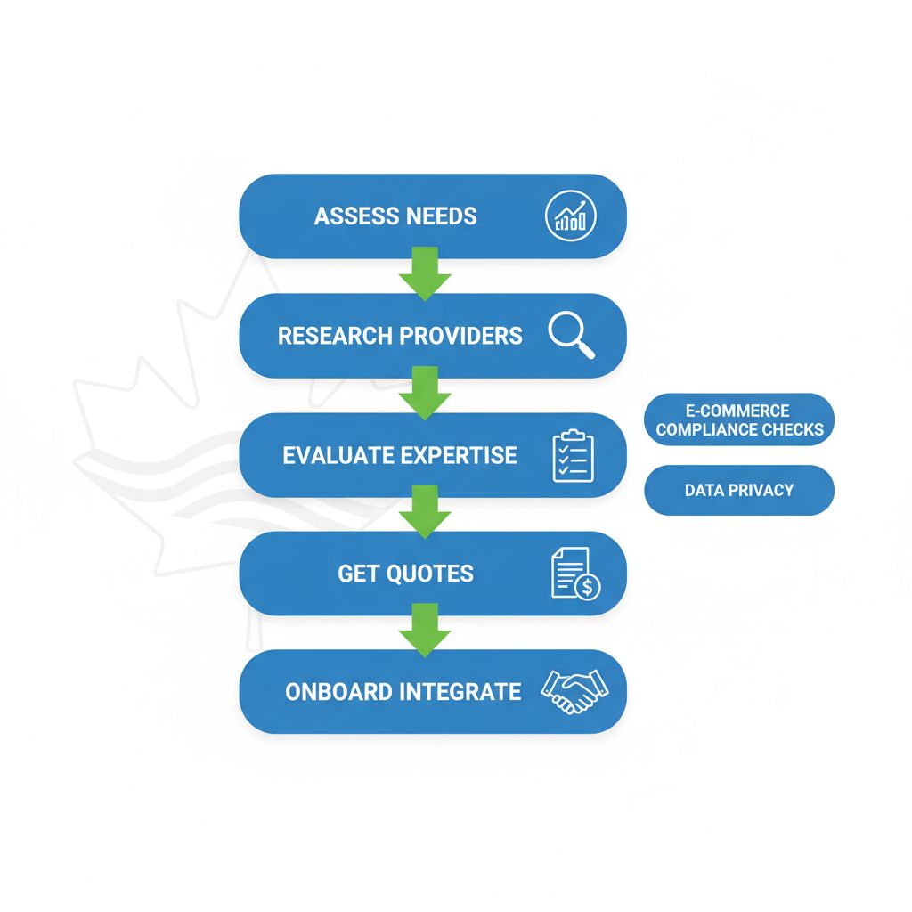 Vertical process flow diagram illustrating five steps to hire a fractional controller in Vancouver for e-commerce businesses.