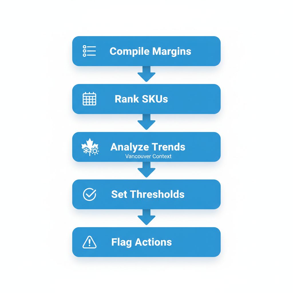 Vertical process flow diagram illustrating five steps for SKU profitability review in Vancouver ecommerce, with icons and connected stages.