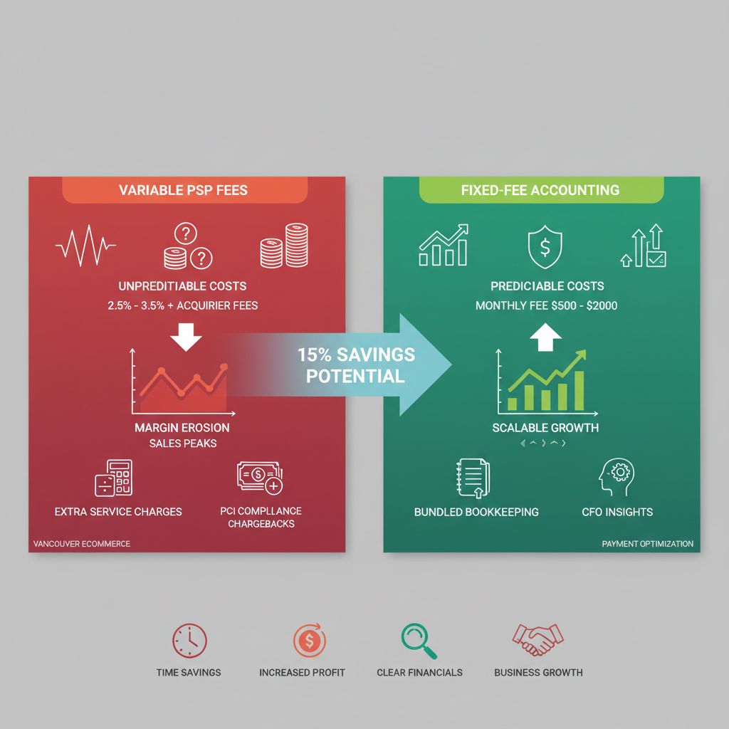 Infographic comparing variable PSP fees to fixed Transcounts accounting packages showing 15% savings for ecommerce.