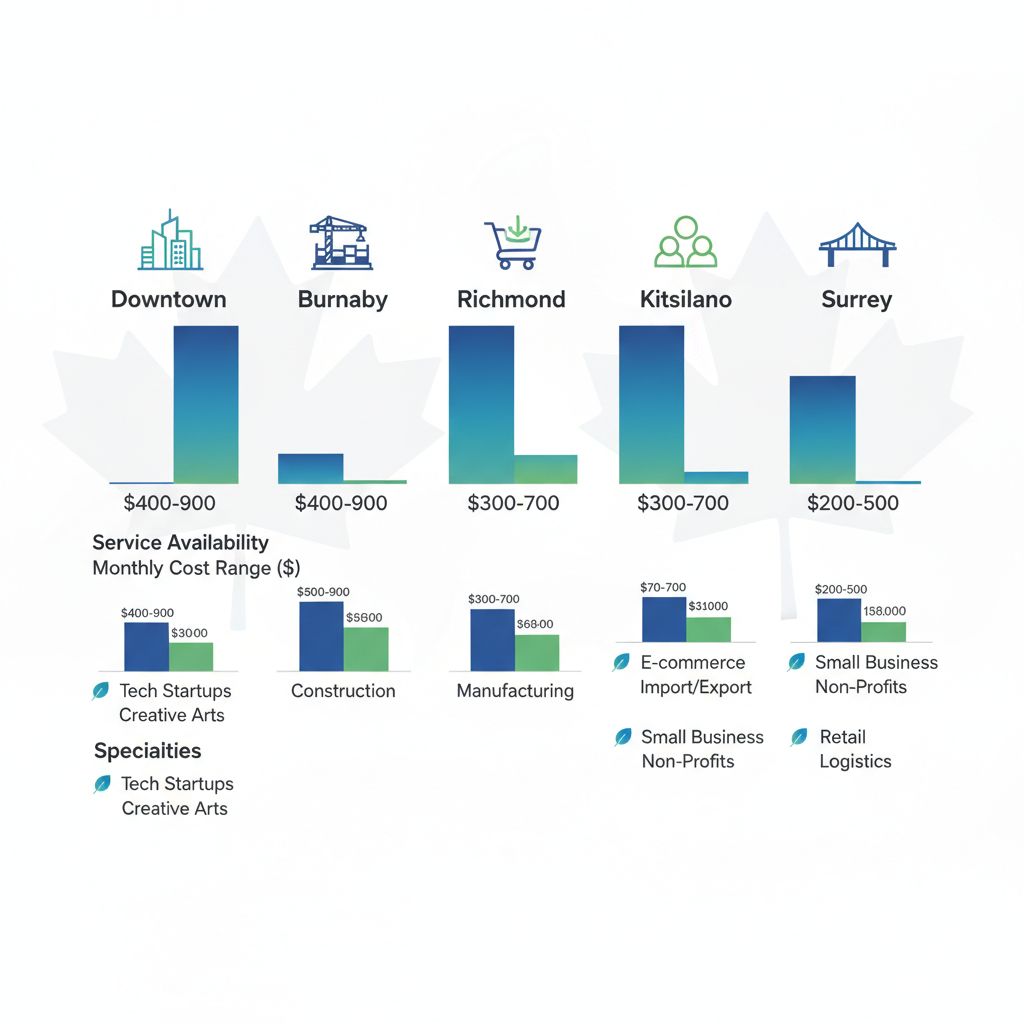 Infographic comparing bookkeeping service availability, costs, and specialties across Vancouver neighborhoods: Downtown, Burnaby, Richmond, Kitsilano, Surrey