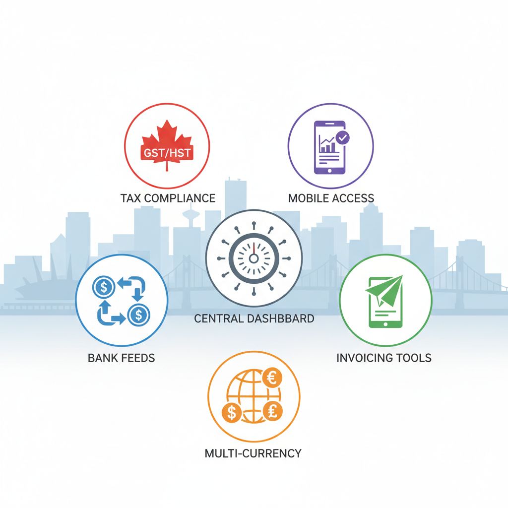 Infographic illustrating essential Xero bookkeeping features tailored for Vancouver businesses including bank feeds, invoicing, multi-currency, mobile access, and tax compliance.