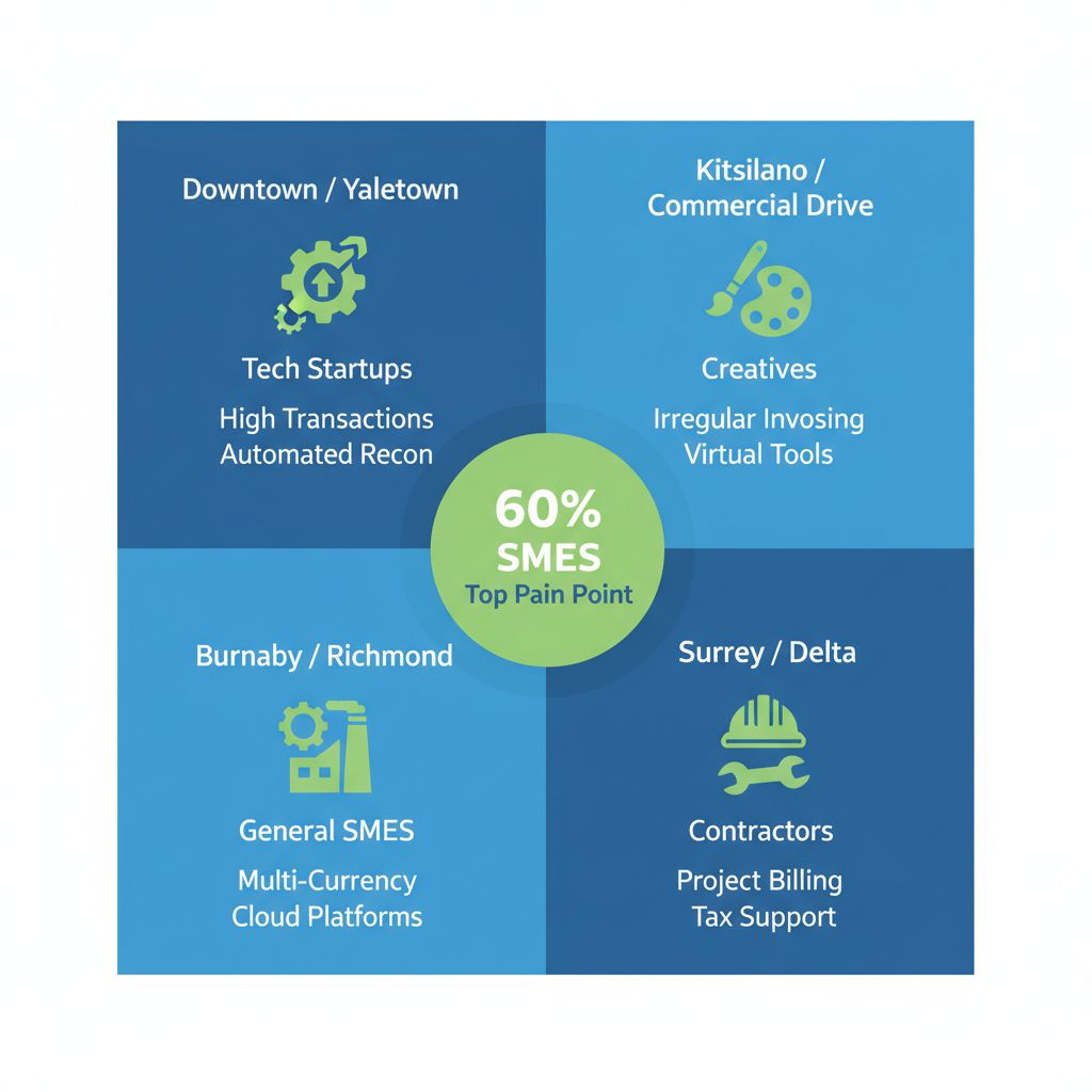 Infographic comparing bookkeeping challenges and solutions in Vancouver neighborhoods including Downtown, Kitsilano, Burnaby and Surrey