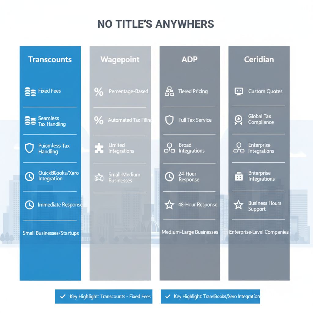 Infographic comparing top payroll providers in Vancouver: Transcounts, Wagepoint, ADP, and Ceridian with key features.
