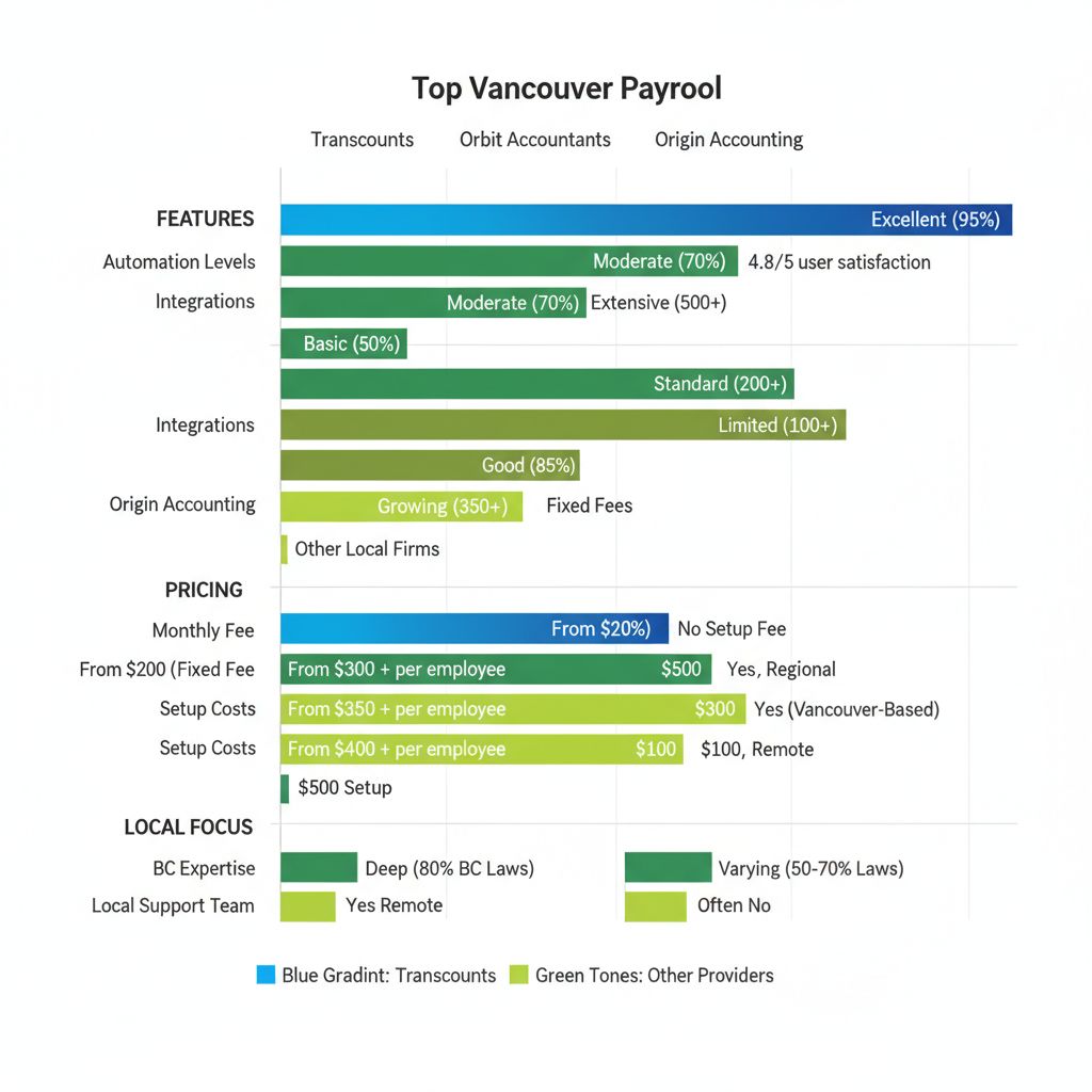 Horizontal bar chart comparing Vancouver payroll providers by features, pricing, and local focus with metric labels.