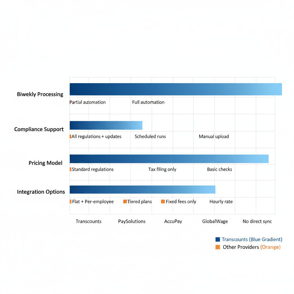 Horizontal bar chart comparing payroll providers in Surrey, BC across biweekly processing, compliance, pricing, and integration categories