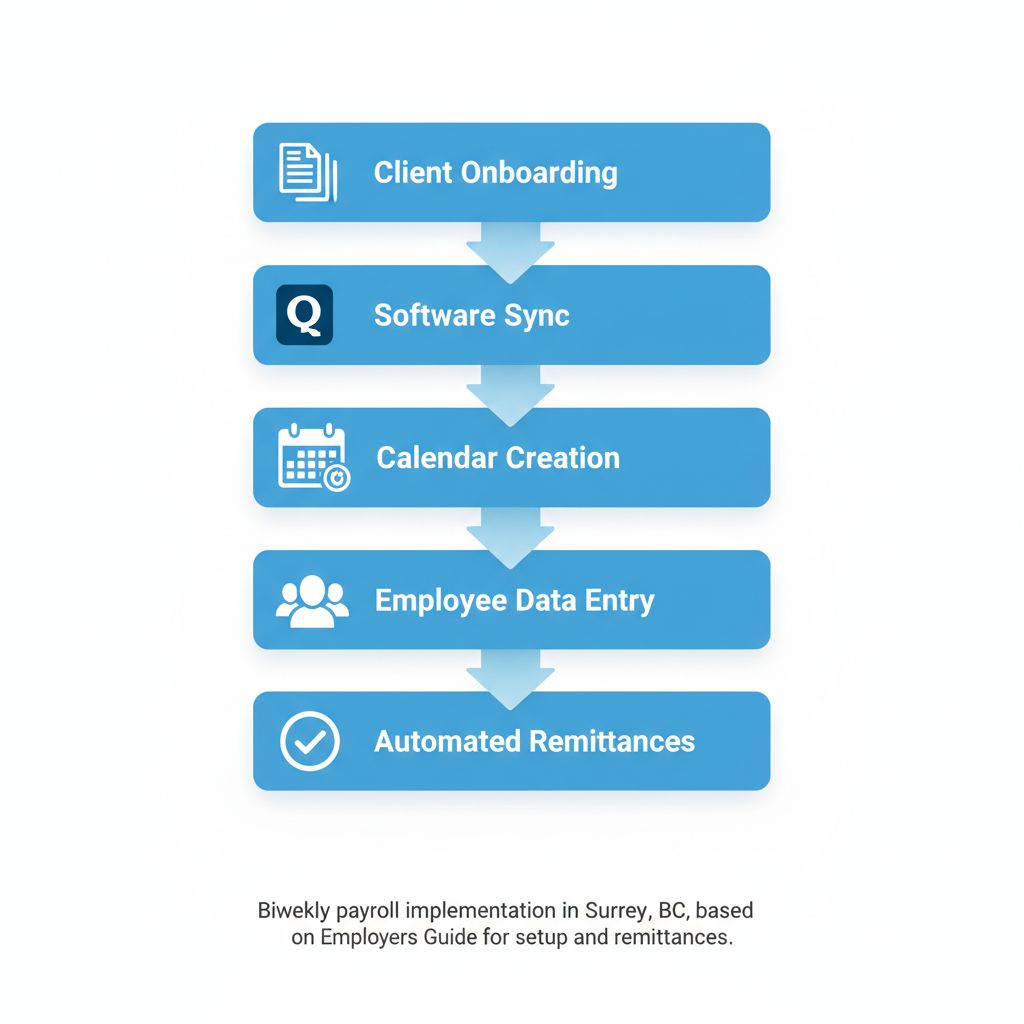 Vertical process flow diagram illustrating five key steps for implementing biweekly payroll in Surrey, BC