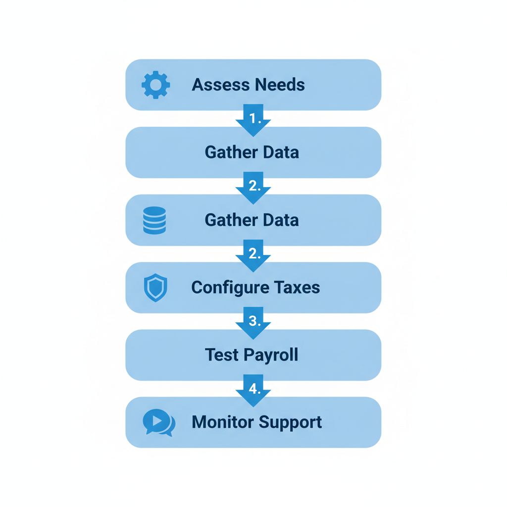 Vertical process flow diagram illustrating five steps to implement QuickBooks Payroll in Vancouver with icons and blue arrows