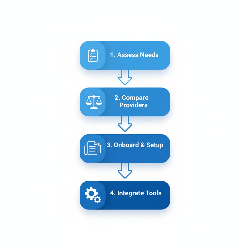 Vertical process flow diagram illustrating four steps to implement payroll solutions for businesses in Surrey, British Columbia