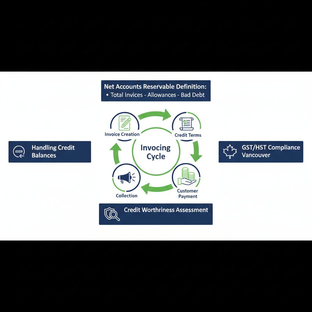 Infographic depicting key elements of accounts receivable management with invoicing cycle and compliance notes