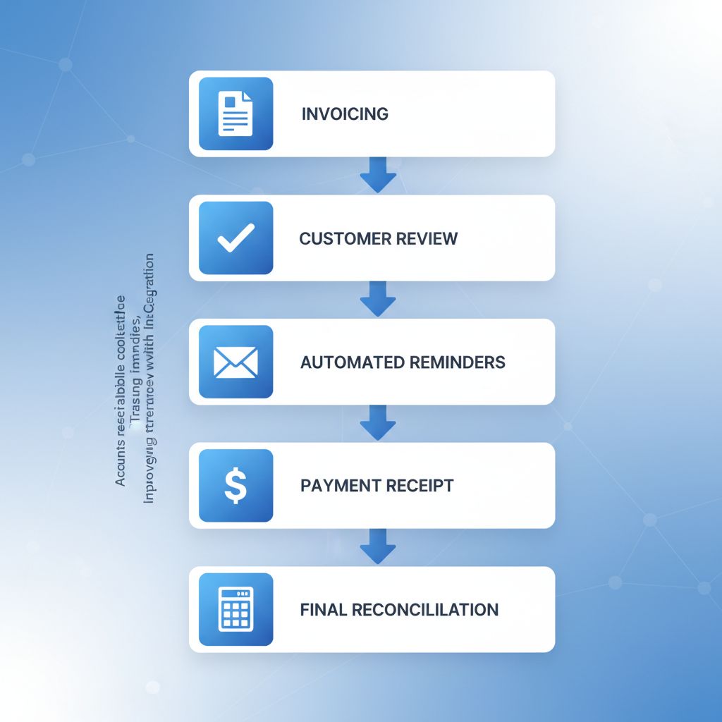 Vertical process flow diagram showing five stages of accounts receivable management cycle with icons and labels